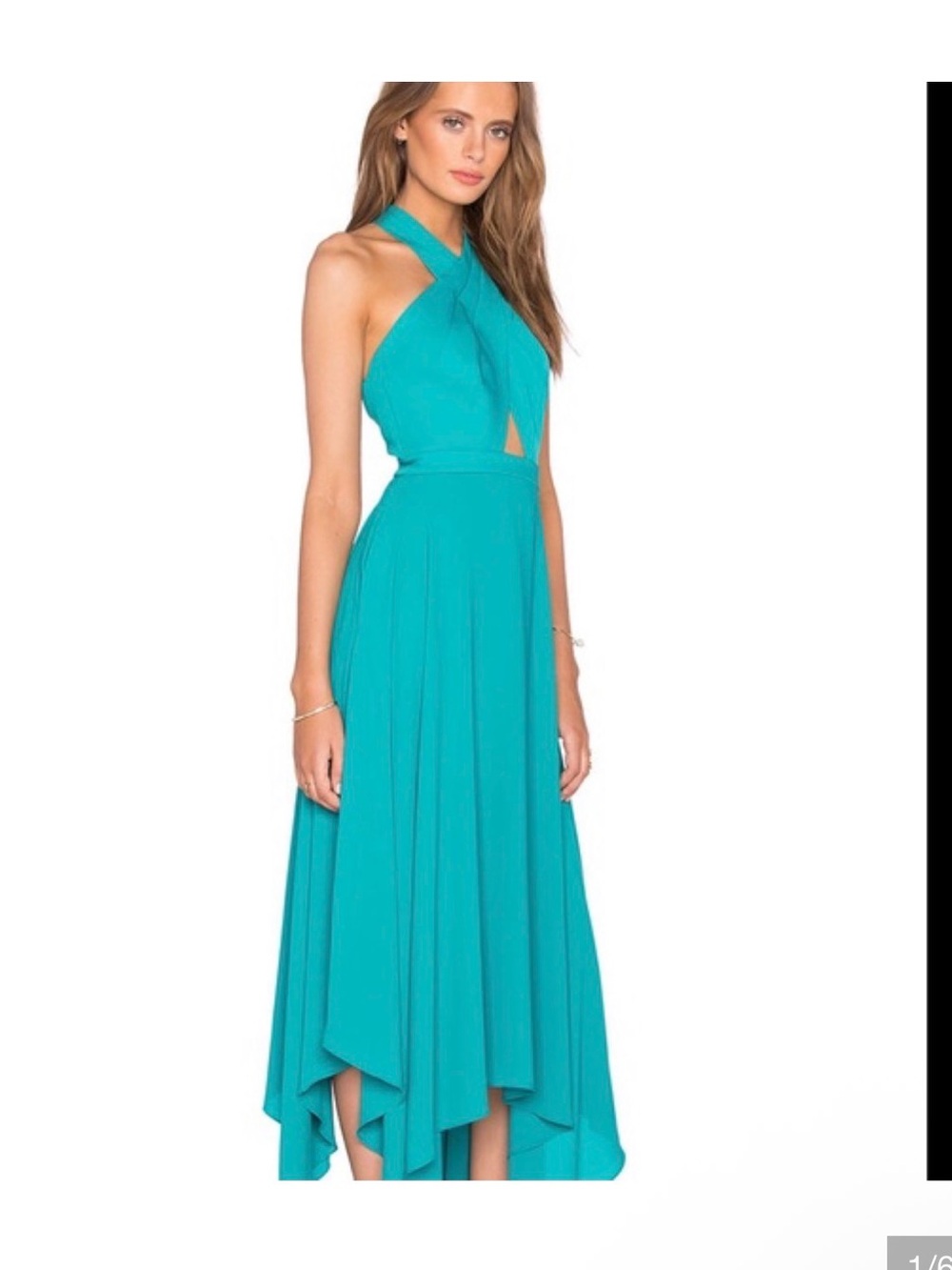 BCBGMaxAzria Teal Cross-Neck High-Low Midi Dress
